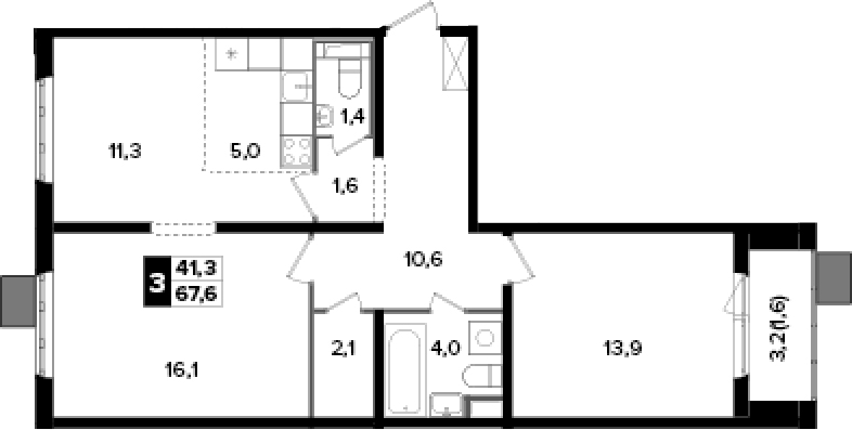 3-комн., 66 м², 2/23 этаж, ЖК «Южная Битца»