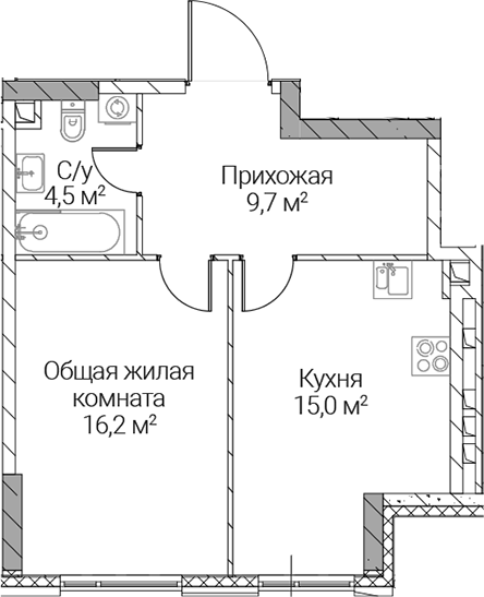 1-комн., 45.4 м², 21/36 этаж, ЖК «СЕЗАР СИЛИКА»