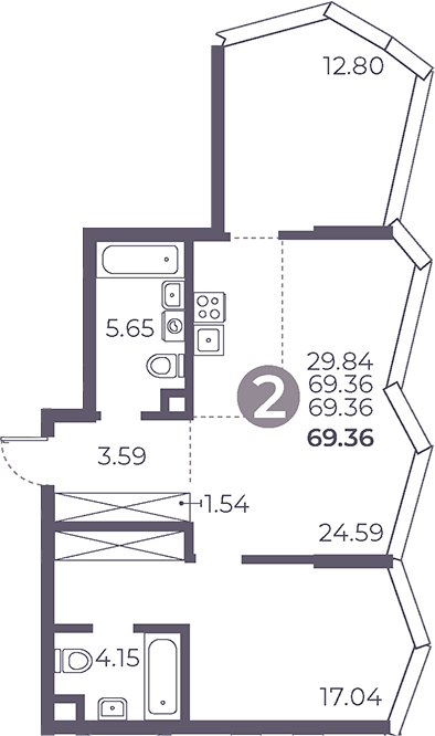 2-комн., 69.36 м², 17/39 этаж, ЖК «Мневники от Гранель»