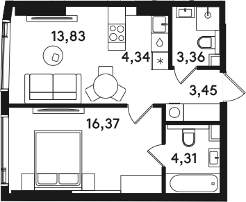 2-комн., 45.66 м², 9/41 этаж, ЖК «СОЛОС»