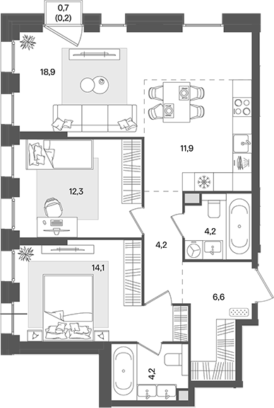 3-комн., 76.4 м², 3/21 этаж, ЖК «Пейв»