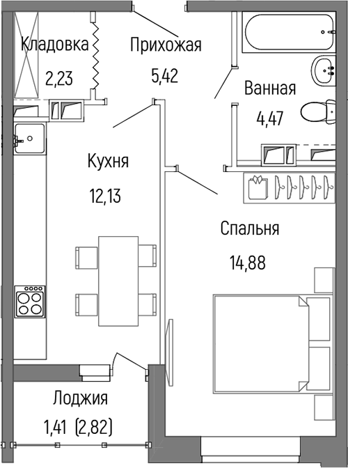 1-комн., 39.5 м², 4/9 этаж, ЖК «Рига Хиллс»