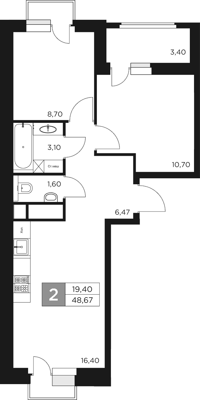 3-комн., 46.97 м², 11/17 этаж, ЖК «Восток 2»
