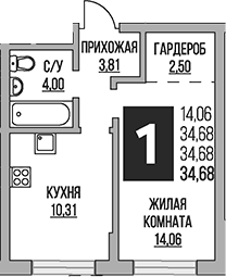 1-комн., 34.68 м², 1/8 этаж, ЖК «Гранель Живописный»