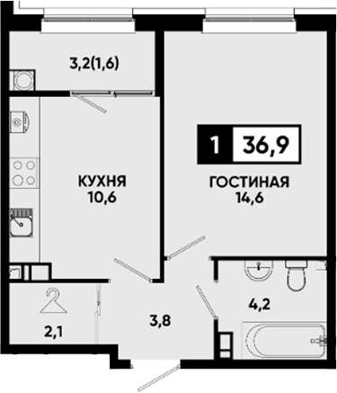 1-комн., 35.3 м², 4/14 этаж, ЖК «Квартал на курорте Моя Легенда»