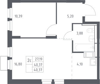 2-комн., 40.37 м², 25/25 этаж, ЖК «Большое Путилково»