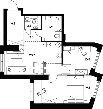 3-комн., 68 м², 2/46 этаж, ЖК «НЕКСУС от Аквилон»