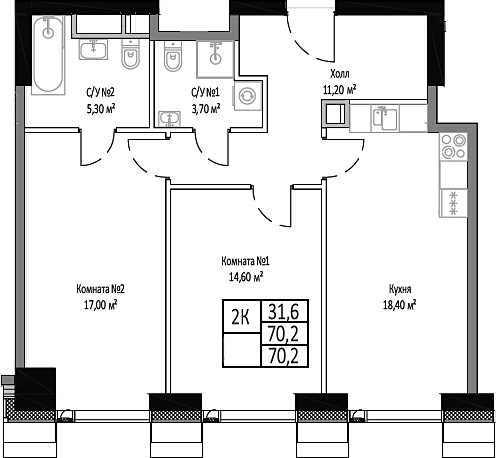 2-комн., 70.2 м², 11/35 этаж, ЖК «Мираполис»