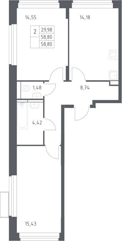 2-комн., 58.8 м², 2/24 этаж, ЖК «Квартал Строгино»