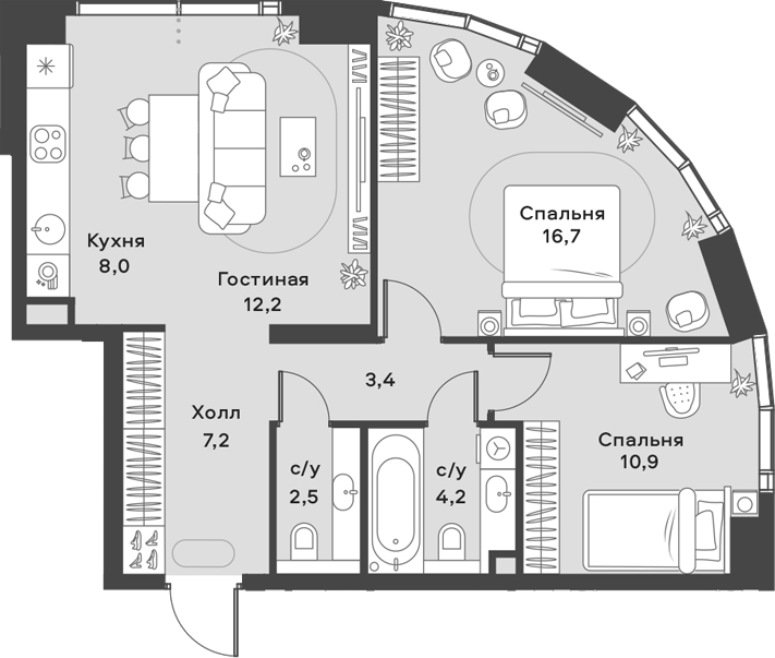 3-комн., 65.1 м², 10/42 этаж, ЖК «АЛИА»