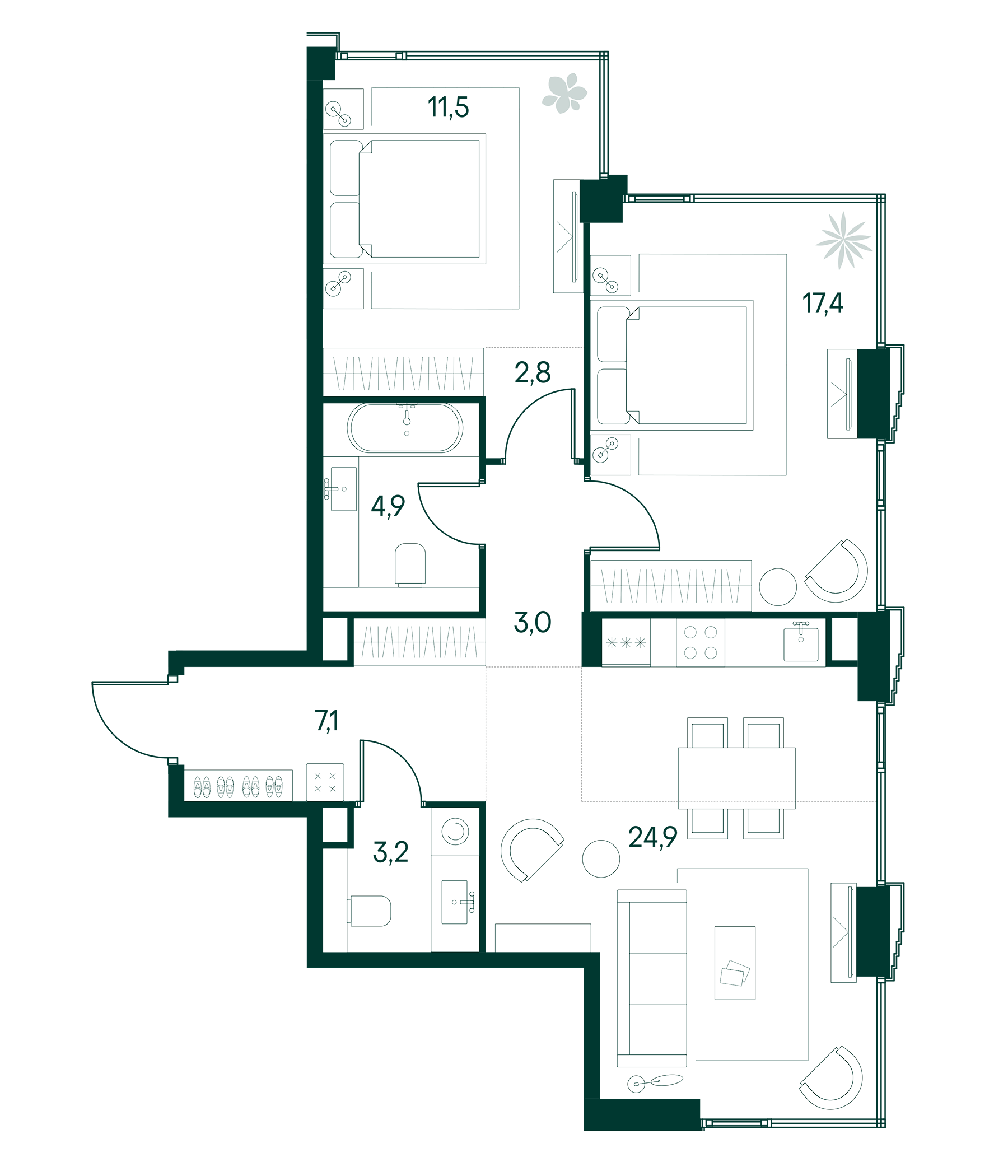 3-комн., 74.8 м², 15/20 этаж, ЖК «Клубный город на реке Примавера»