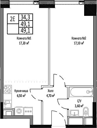 2-комн., 49.1 м², 31/35 этаж, ЖК «Мираполис»