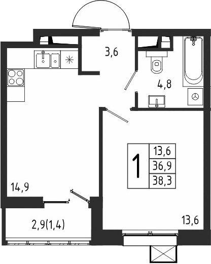 1-комн., 36.9 м², 8/10 этаж, ЖК «Берег»