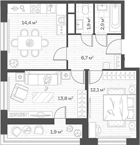 2-комн., 51.8 м², 7/12 этаж, ЖК «Аристов Берег»