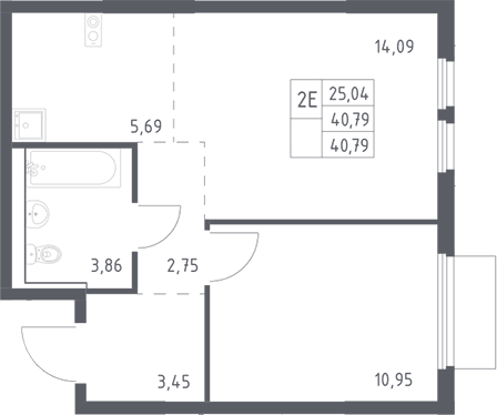 2-комн., 40.79 м², 13/17 этаж, ЖК «Пригород Лесное»