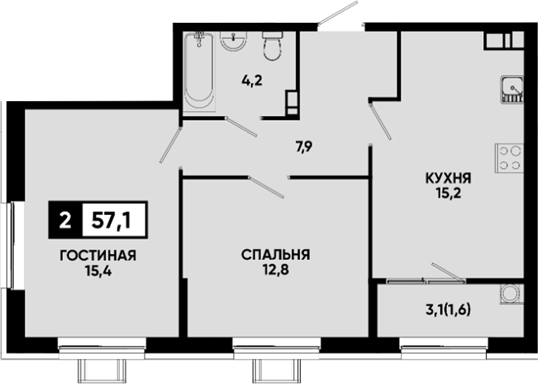 2-комн., 55.5 м², 11/12 этаж, ЖК «Квартал на курорте Моя Легенда»