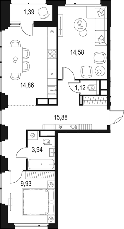 2-комн., 60.3 м², 13/15 этаж, ЖК «Левел Лесной»