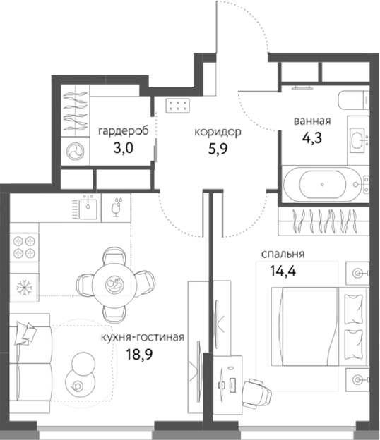 2-комн., 46.5 м², 12/25 этаж, ЖК «Сиреневый парк»