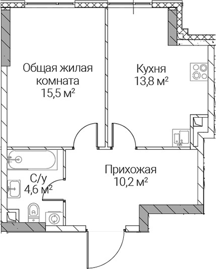 1-комн., 44.1 м², 25/36 этаж, ЖК «СЕЗАР СИЛИКА»