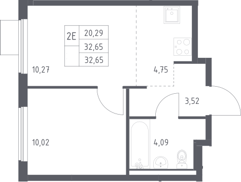 2-комн., 32.65 м², 13/13 этаж, ЖК «Горки Парк»
