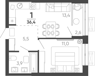 1-комн. квартира, 35.1 м² в ЖК Барса — фото 2