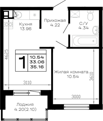 1-комн. квартира, 33.06 м² в ЖК Усадьба Гостагаевская — фото 2