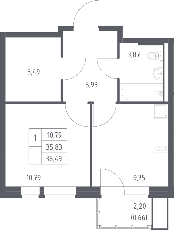 1-комн., 35.83 м², 3/12 этаж, ЖК «Квартал Авиаторов»