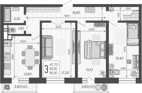 3-комн. квартира, 83.1 м² в ЖК Небо — фото 2