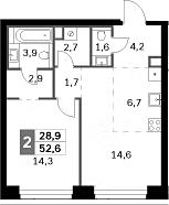 2-комн., 52.6 м², 22/47 этаж, ЖК «Амбер Сити»