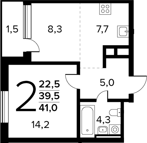 2-комн., 39.5 м², 8/9 этаж, ЖК «Новые Ватутинки Квартал у реки»