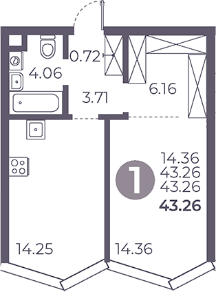 1-комн., 43.26 м², 17/39 этаж, ЖК «Мневники от Гранель»