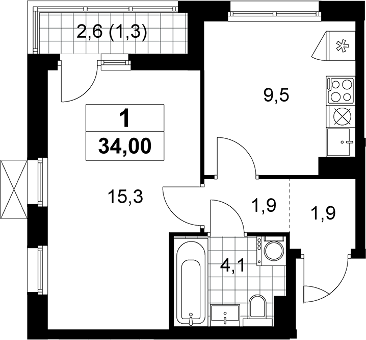 1-комн., 32.7 м², 5/13 этаж, ЖК «Прокшино»
