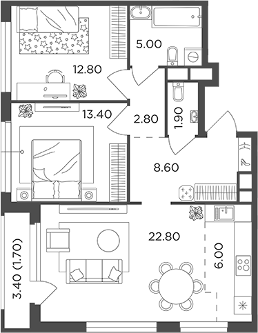 3-комн., 73.3 м², 8/22 этаж, ЖК «Филатов Луг»