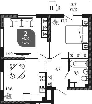 2-комн. квартира, 48.3 м² в ЖК Облака — фото 3