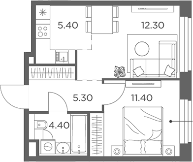 2-комн., 38.8 м², 11/17 этаж, ЖК «Белый Град»