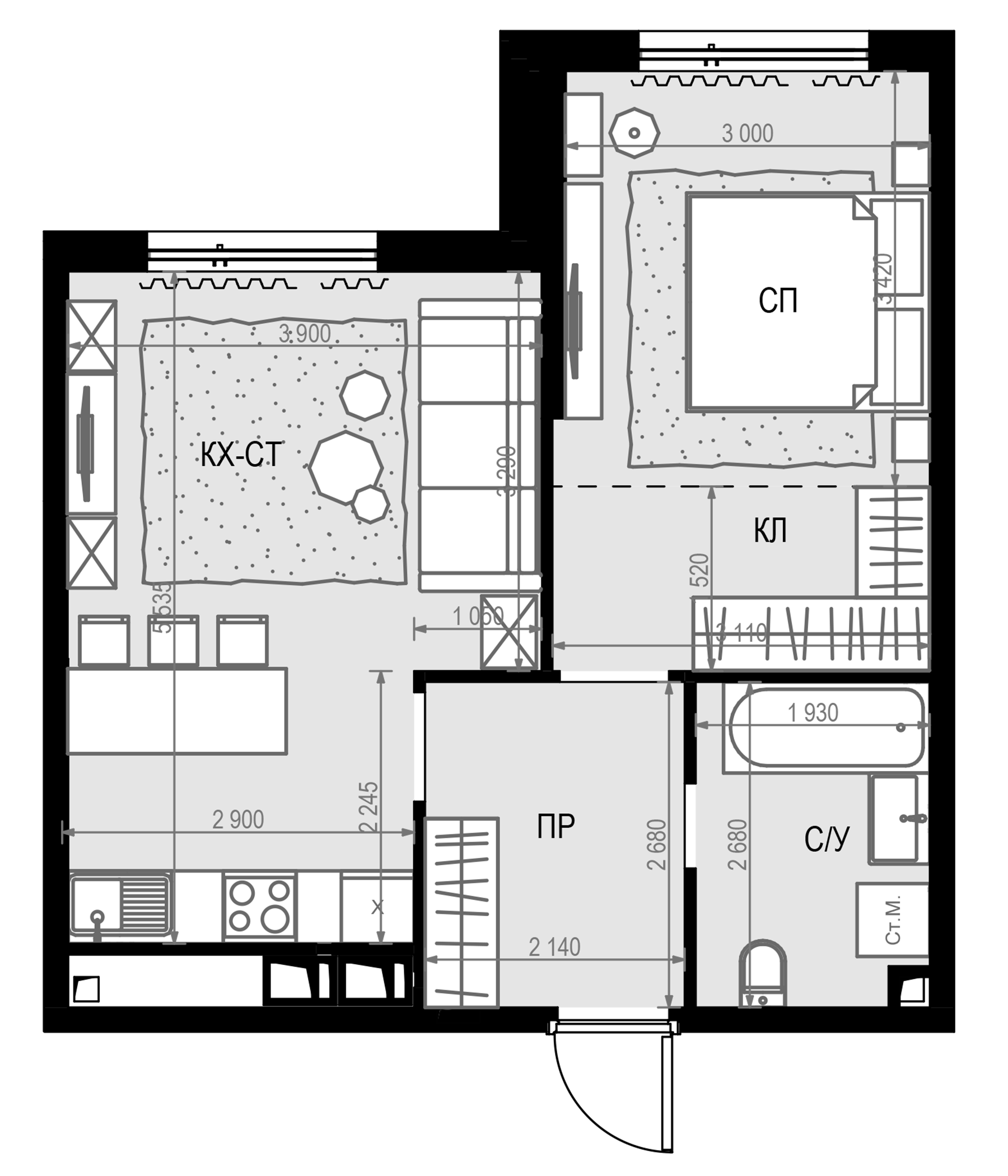 2-комн., 45.1 м², 26/28 этаж, ЖК «Дом МАЛЕВИЧ»
