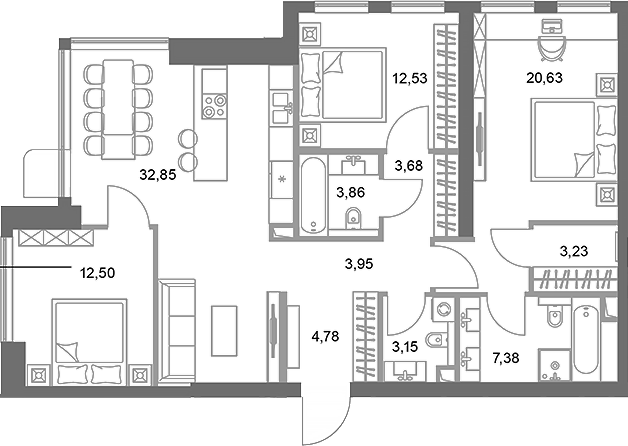3-комн., 108.54 м², 24/75 этаж, ЖК «ФАЙВ ТАУЭРС»