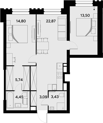 3-комн., 67.88 м², 21/52 этаж, ЖК «УЛЬТИМА Сити»