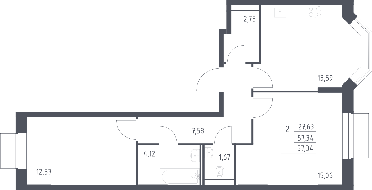 2-комн., 57.34 м², 2/19 этаж, ЖК «Квартал Домашний»