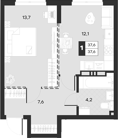 1-комн., 37.6 м², 7/17 этаж, ЖК «Луиджи»