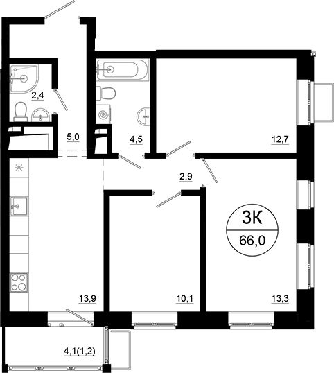 3-комн., 64.8 м², 20/21 этаж, ЖК «Союзный»