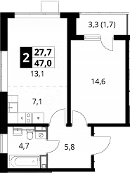 2-комн., 45.3 м², 8/24 этаж, ЖК «1-й Донской»