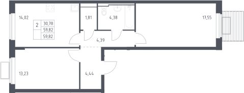 2-комн., 59.82 м², 2/12 этаж, ЖК «Новое Видное»