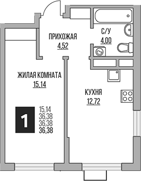 1-комн., 36.38 м², 6/16 этаж, ЖК «Гранель Алексеевская роща»