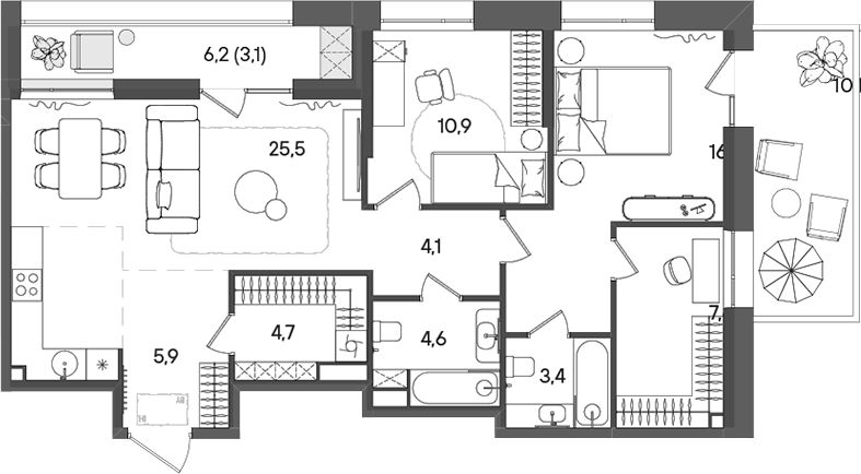 3-комн., 82.7 м², 12/16 этаж, ЖК «СТОУН Райз»