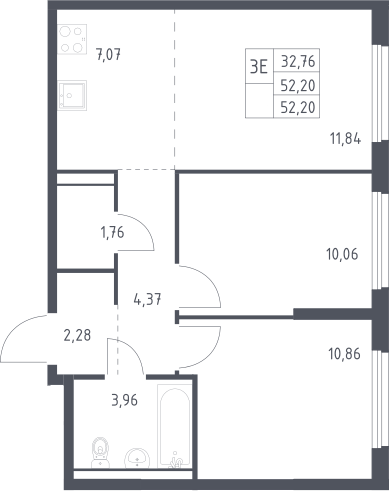 3-комн., 52.2 м², 8/17 этаж, ЖК «Пригород Лесное»
