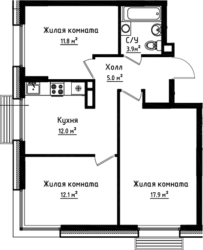 3-комн., 62.7 м², 6/8 этаж, ЖК «Коллекция»