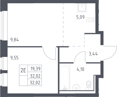 2-комн., 32 м², 2/17 этаж, ЖК «Пригород Лесное»