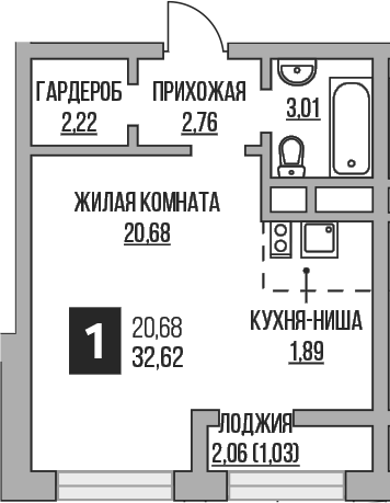 Студия, 30.56 м², 2/16 этаж, ЖК «Гранель Пехра»