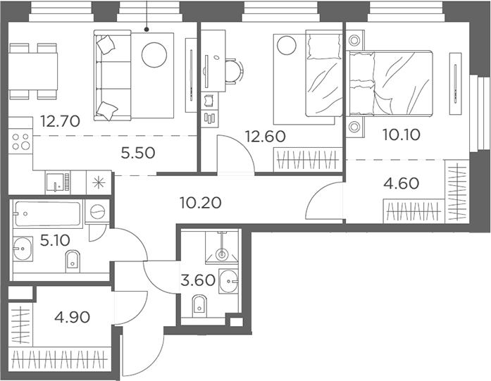 3-комн., 69.3 м², 17/23 этаж, ЖК «Белый Град»